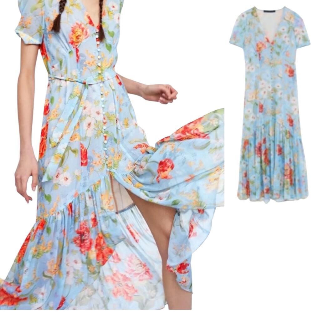 Zara Woman Blue and Pink Ruffled Sundress Retro Vintage Inspired Maxi Flowy